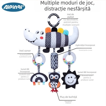 Aipinqi nou puzzle pentru bebeluși 0-3 ani, confort, mașină agățată, clopoțel de vânt cu animale alb-negru, jucării de pluș agățate pentru mașini pentru bebeluși, jucării de pluș