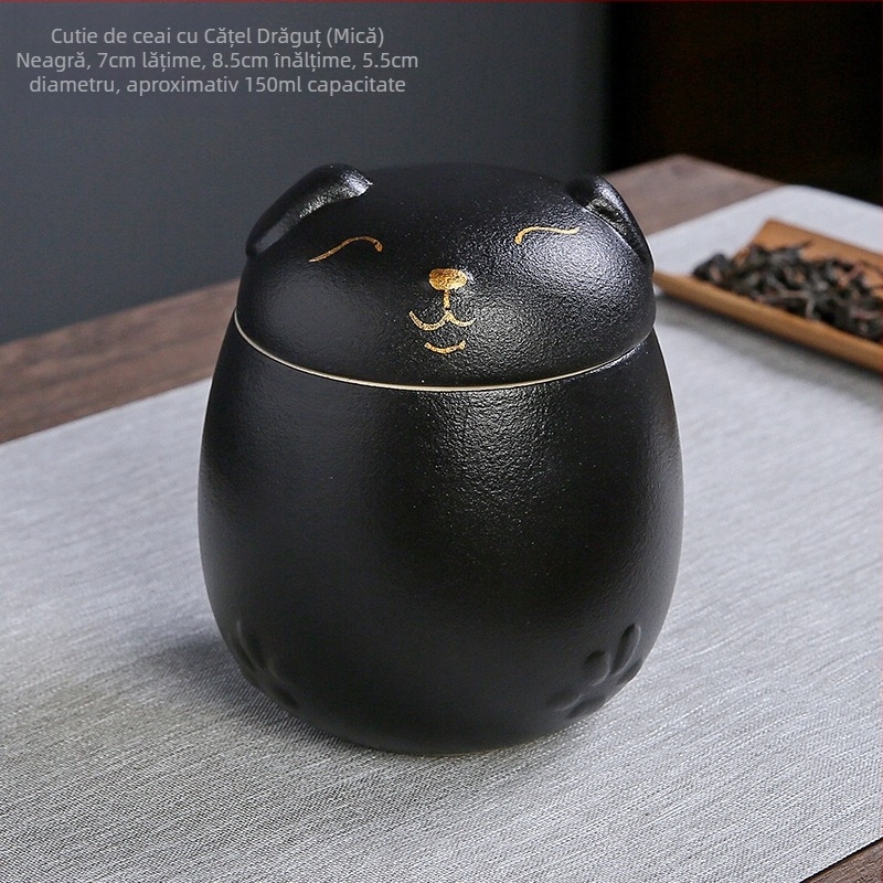 Borcan ceramic pentru ceai cu pisică norocoasă, borcan portabil rezistent la umiditate, borcan de fructe uscate de dimensiuni mici, decorare creativă pentru birou cu câine drăguț