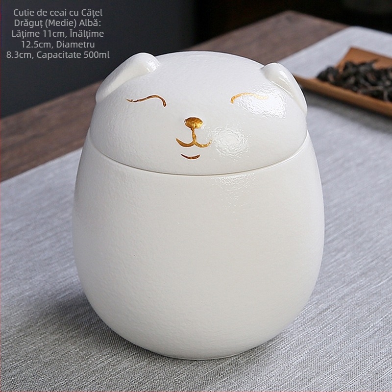 Borcan ceramic pentru ceai cu pisică norocoasă, borcan portabil rezistent la umiditate, borcan de fructe uscate de dimensiuni mici, decorare creativă pentru birou cu câine drăguț