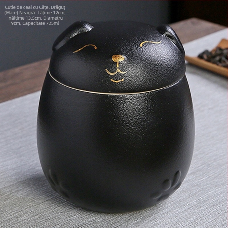 Borcan ceramic pentru ceai cu pisică norocoasă, borcan portabil rezistent la umiditate, borcan de fructe uscate de dimensiuni mici, decorare creativă pentru birou cu câine drăguț