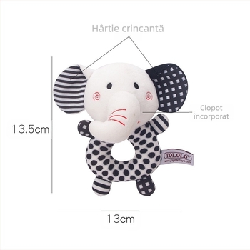 Clopoțel rotund alb-negru nou, acționat manual, pentru bebeluși, zgâriat manual, clopoțel de animale, jucărie de pluș în formă de O din hârtie, care sună