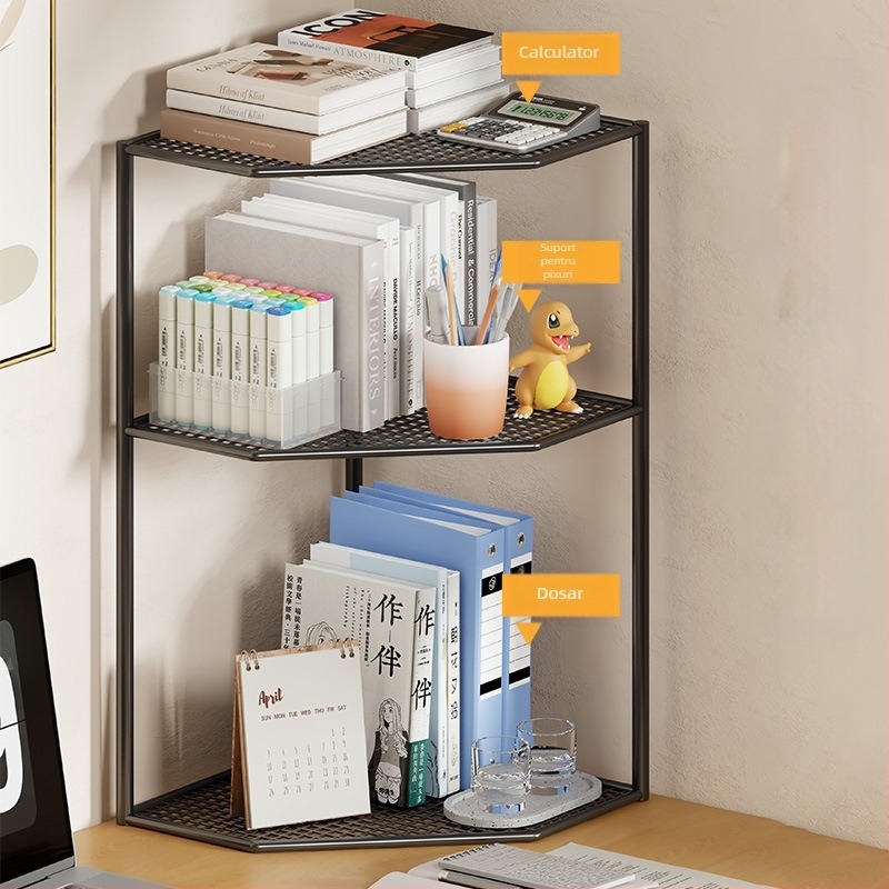 Raft de colț triunghiular pentru cărți, raft de depozitare pentru birou, raft de depozitare pentru cărți în formă de evantai, pentru birou, multistrat