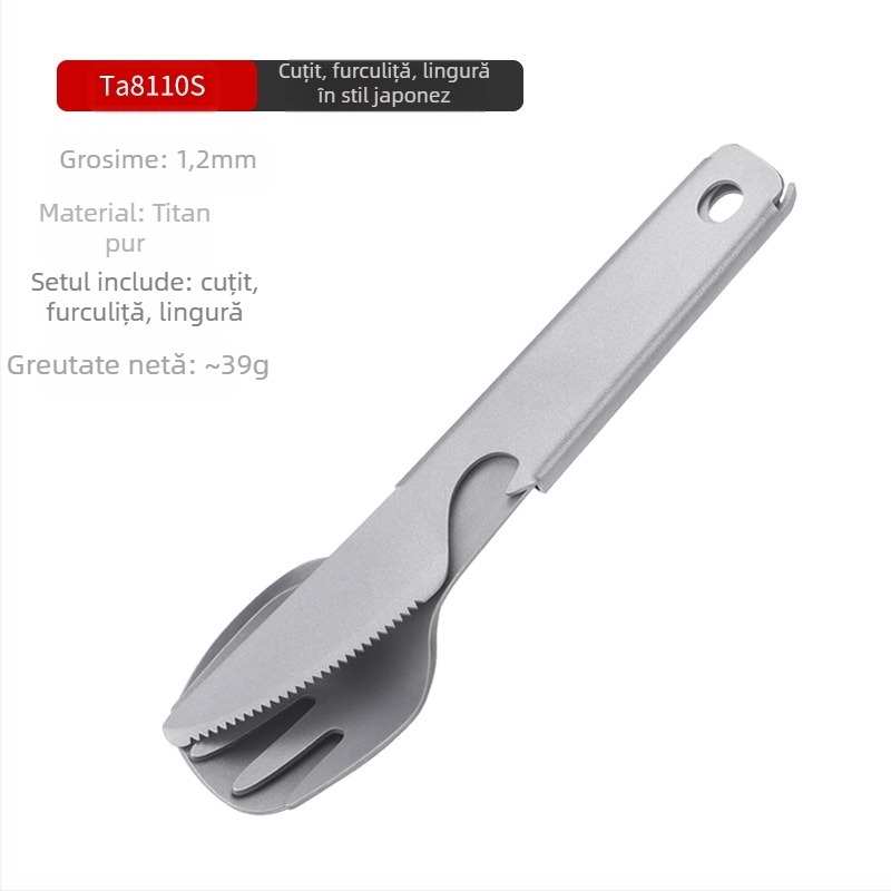 Lingură de orez din titan pur, cuțit și furculiță pentru camping, set multifuncțional din trei piese, furculiță din titan, lingură din titan, cuțit din titan, veselă din titan