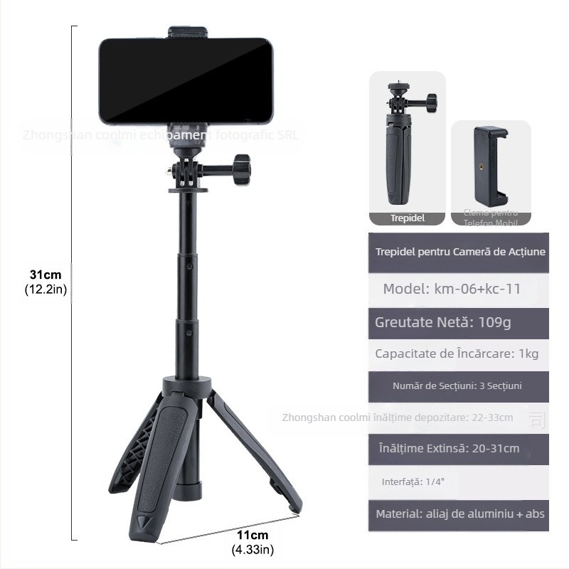 Trepied extensibil pentru desktop, portabil, mini telefon mobil, cameră, mirrorless, transmisie live, suport pentru vlog, stick selfie telescopic în trei etape