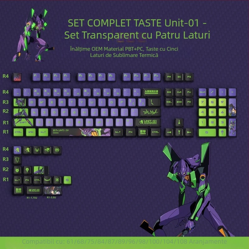 Tastatură mecanică personalizată, cu imprimeu translucid, cu patru fețe, cu budincă, taste colorate, sublimare, set de taste Kuromi