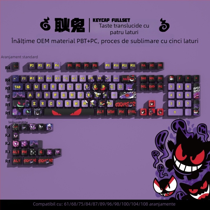 Tastatură mecanică personalizată, cu imprimeu translucid, cu patru fețe, cu budincă, taste colorate, sublimare, set de taste Kuromi