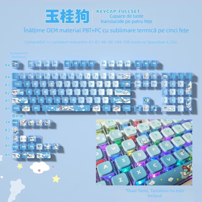 Tastatură mecanică personalizată, cu imprimeu translucid, cu patru fețe, cu budincă, taste colorate, sublimare, set de taste Kuromi
