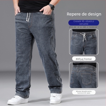 Blugi de toamnă și de iarnă pentru bărbați, cu picior drept, versiune lejeră, plus greutate, pantaloni de greutate plus greutate pentru talie groasă și strâmtă, pantaloni groși cu picior larg