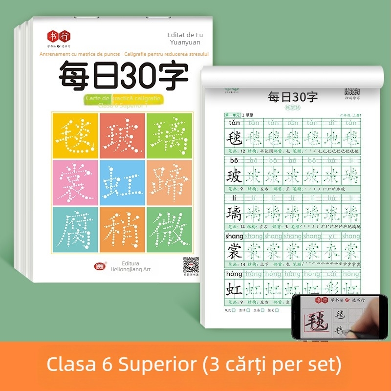 [Caiet de decompresie sincron, 30 de cuvinte pe zi] Cuvinte noi cu matrice punctuală pentru elevii de școală primară, clasele 1-6, caiet de practică pentru pictură chineză cu caligrafie roșie