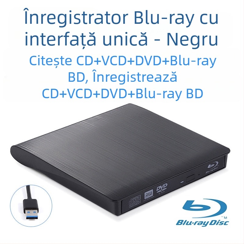 Unitate optică externă DVD, Blu-Ray, USB, fără driver, CD player, citire computer, VCD, arzător de discuri optice externe