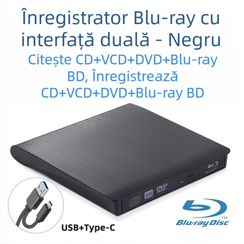 Unitate optică externă DVD, Blu-Ray, USB, fără driver, CD player, citire computer, VCD, arzător de discuri optice externe