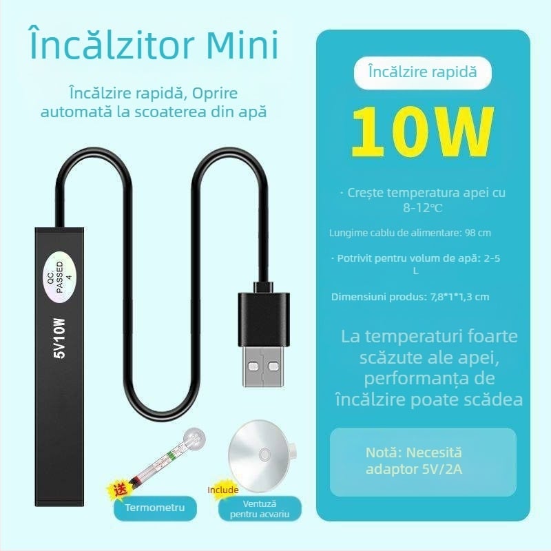 Tijă de încălzire pentru acvariu, mini tijă de încălzire inteligentă pentru birou, cilindru rotund din sticlă, control automat al temperaturii, tijă de încălzire