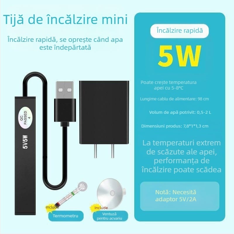 Tijă de încălzire pentru acvariu, mini tijă de încălzire inteligentă pentru birou, cilindru rotund din sticlă, control automat al temperaturii, tijă de încălzire