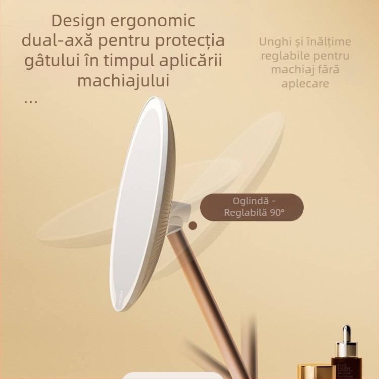 Oglindă de machiaj biaxială cu lampă, pentru birou, dormitor studențesc, birou de acasă, oglindă de înfrumusețare cu LED-uri rotativă