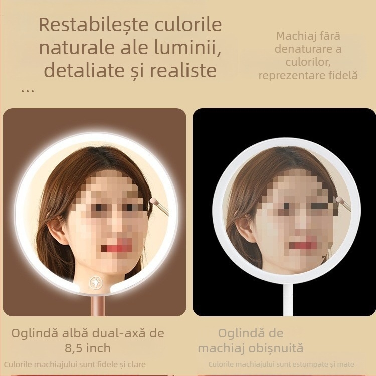Oglindă de machiaj biaxială cu lampă, pentru birou, dormitor studențesc, birou de acasă, oglindă de înfrumusețare cu LED-uri rotativă