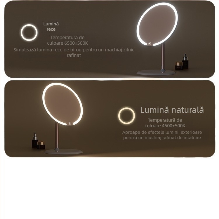 Oglindă de machiaj biaxială cu lampă, pentru birou, dormitor studențesc, birou de acasă, oglindă de înfrumusețare cu LED-uri rotativă