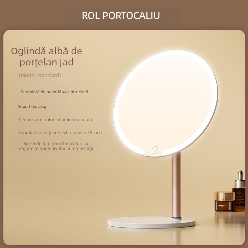 Oglindă de machiaj biaxială cu lampă, pentru birou, dormitor studențesc, birou de acasă, oglindă de înfrumusețare cu LED-uri rotativă