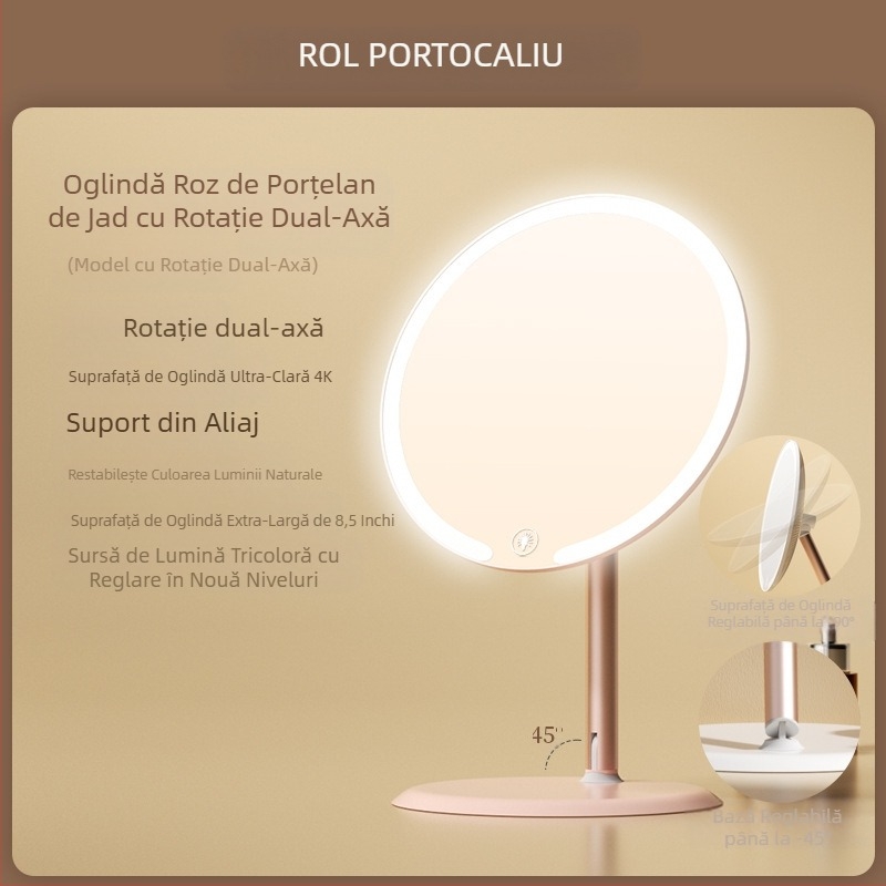 Oglindă de machiaj biaxială cu lampă, pentru birou, dormitor studențesc, birou de acasă, oglindă de înfrumusețare cu LED-uri rotativă