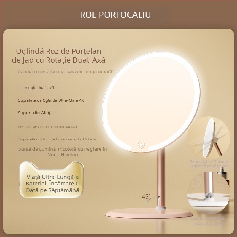 Oglindă de machiaj biaxială cu lampă, pentru birou, dormitor studențesc, birou de acasă, oglindă de înfrumusețare cu LED-uri rotativă