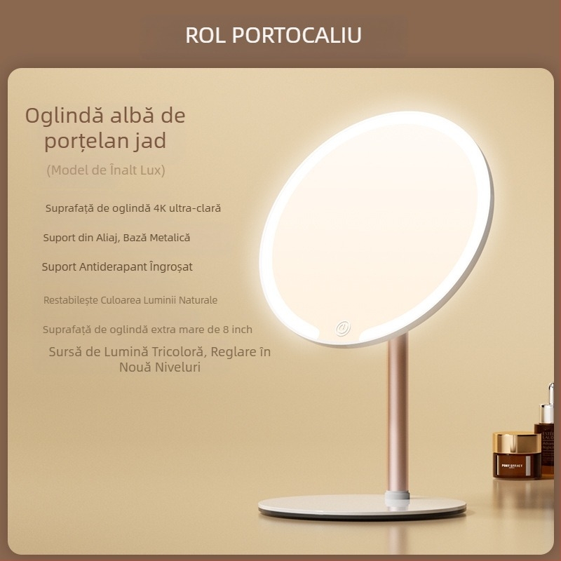 Oglindă de machiaj biaxială cu lampă, pentru birou, dormitor studențesc, birou de acasă, oglindă de înfrumusețare cu LED-uri rotativă