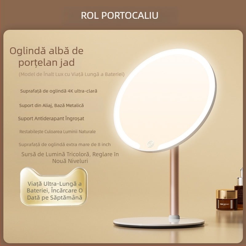 Oglindă de machiaj biaxială cu lampă, pentru birou, dormitor studențesc, birou de acasă, oglindă de înfrumusețare cu LED-uri rotativă