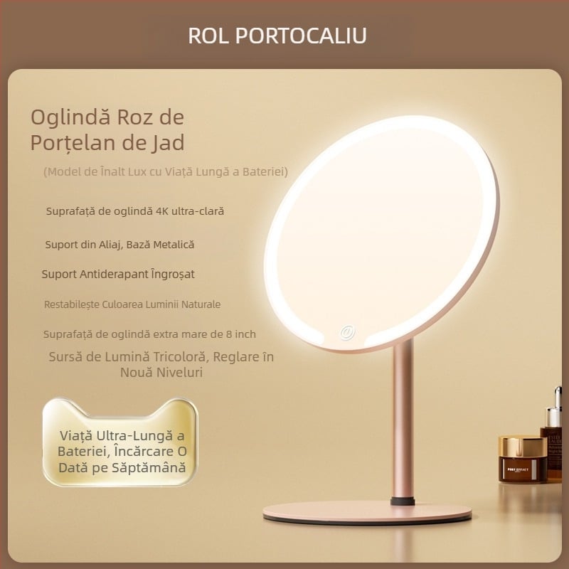 Oglindă de machiaj biaxială cu lampă, pentru birou, dormitor studențesc, birou de acasă, oglindă de înfrumusețare cu LED-uri rotativă