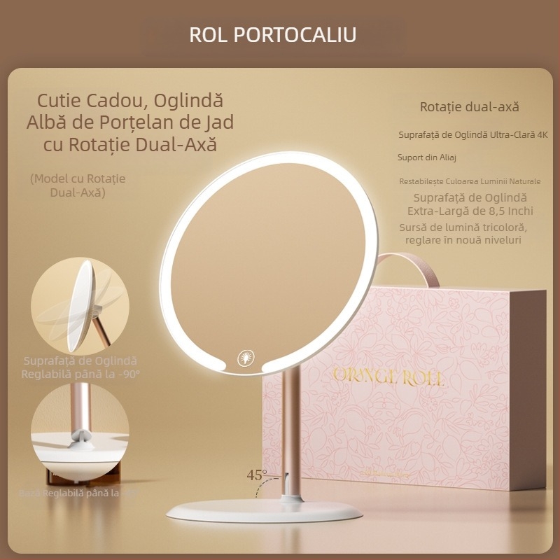 Oglindă de machiaj biaxială cu lampă, pentru birou, dormitor studențesc, birou de acasă, oglindă de înfrumusețare cu LED-uri rotativă