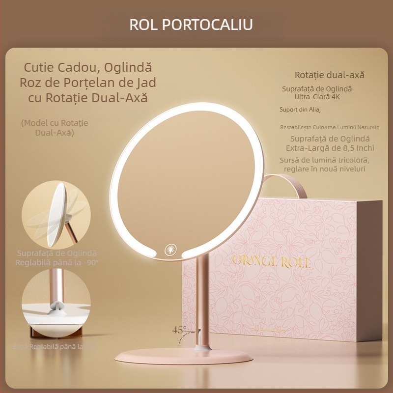 Oglindă de machiaj biaxială cu lampă, pentru birou, dormitor studențesc, birou de acasă, oglindă de înfrumusețare cu LED-uri rotativă