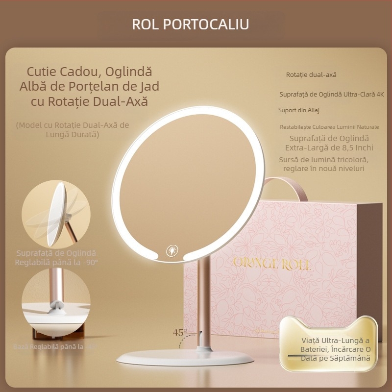 Oglindă de machiaj biaxială cu lampă, pentru birou, dormitor studențesc, birou de acasă, oglindă de înfrumusețare cu LED-uri rotativă