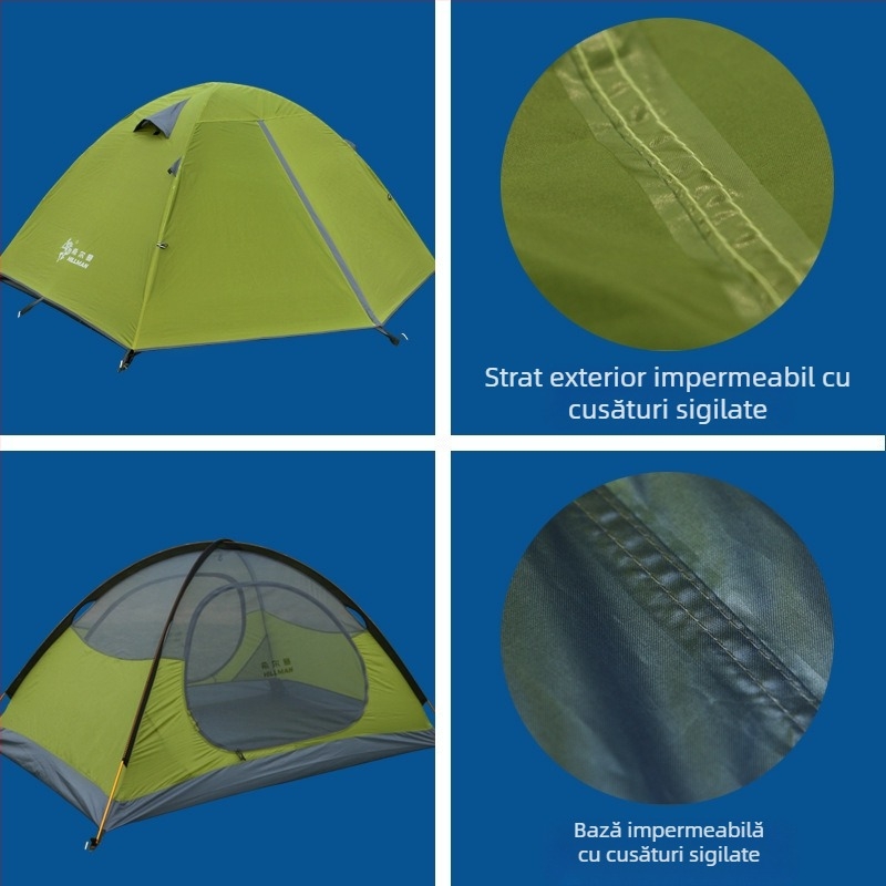 Cort de camping cu două straturi, rezistent la ploaie și soare, cu stâlp din aluminiu, pentru 2-4 persoane, transfrontalier Amazon Hilman Zhengtu