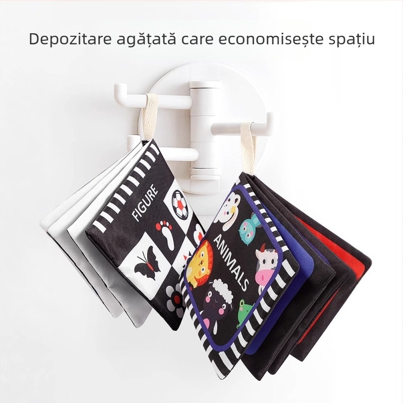 Carte de pânză pentru bebeluși, palmier, alb-negru, carton sonor, carte tactilă, educație timpurie pentru animale cognitive, lavabilă și masticabilă