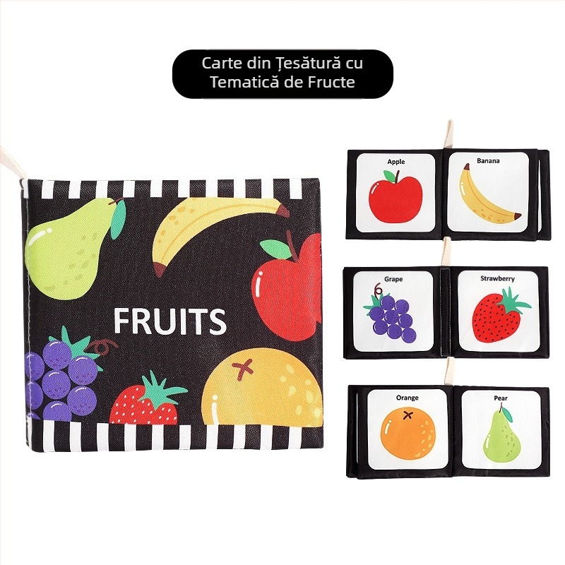 Carte de pânză pentru bebeluși, palmier, alb-negru, carton sonor, carte tactilă, educație timpurie pentru animale cognitive, lavabilă și masticabilă