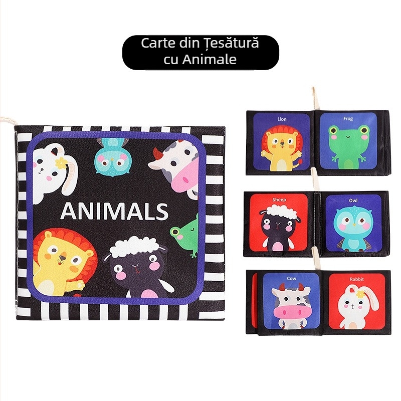 Carte de pânză pentru bebeluși, palmier, alb-negru, carton sonor, carte tactilă, educație timpurie pentru animale cognitive, lavabilă și masticabilă