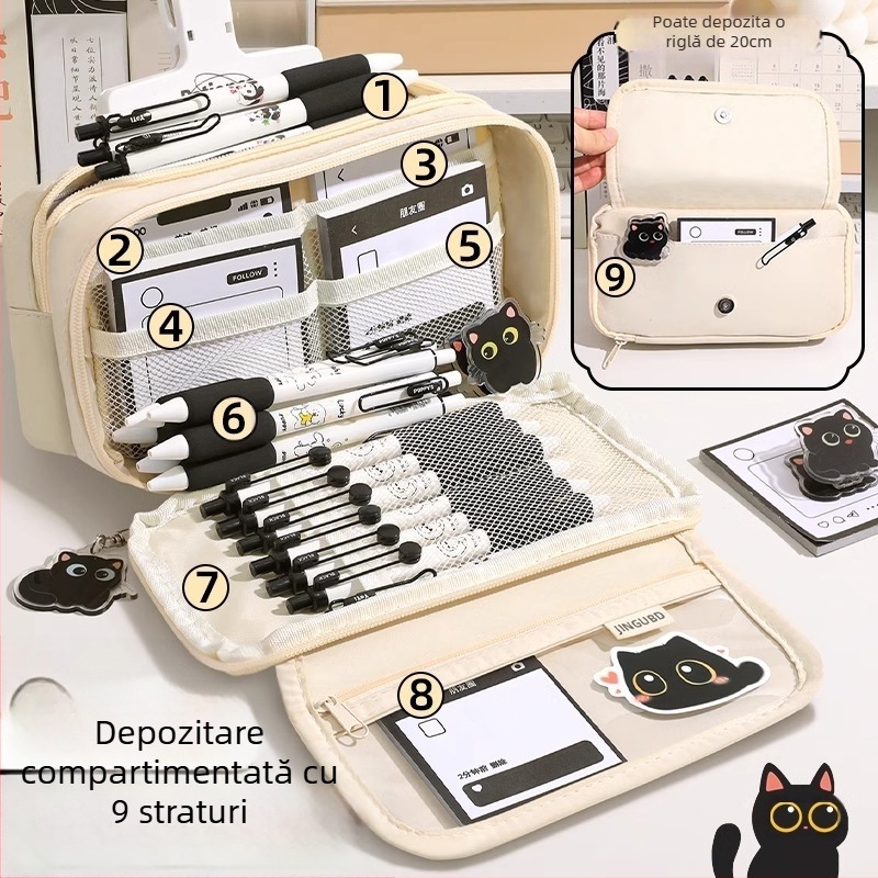 Penar cu nouă straturi, capacitate mare, creativ, pentru pisici, penar pentru studenți, geantă de papetărie simplă de nișă, de mare valoare, pentru băiat