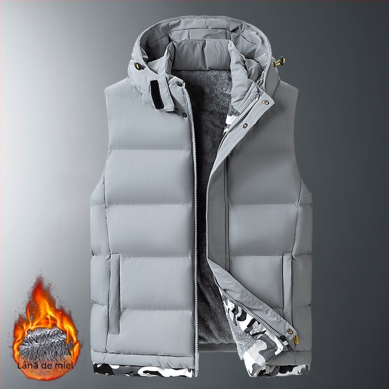 Vestă de bumbac cu glugă detașabilă pentru bărbați, toamnă și iarnă, cu puf, vestă de sport din bumbac, catifea de miel, vestă, jachetă de protecție la frig, îngroșare