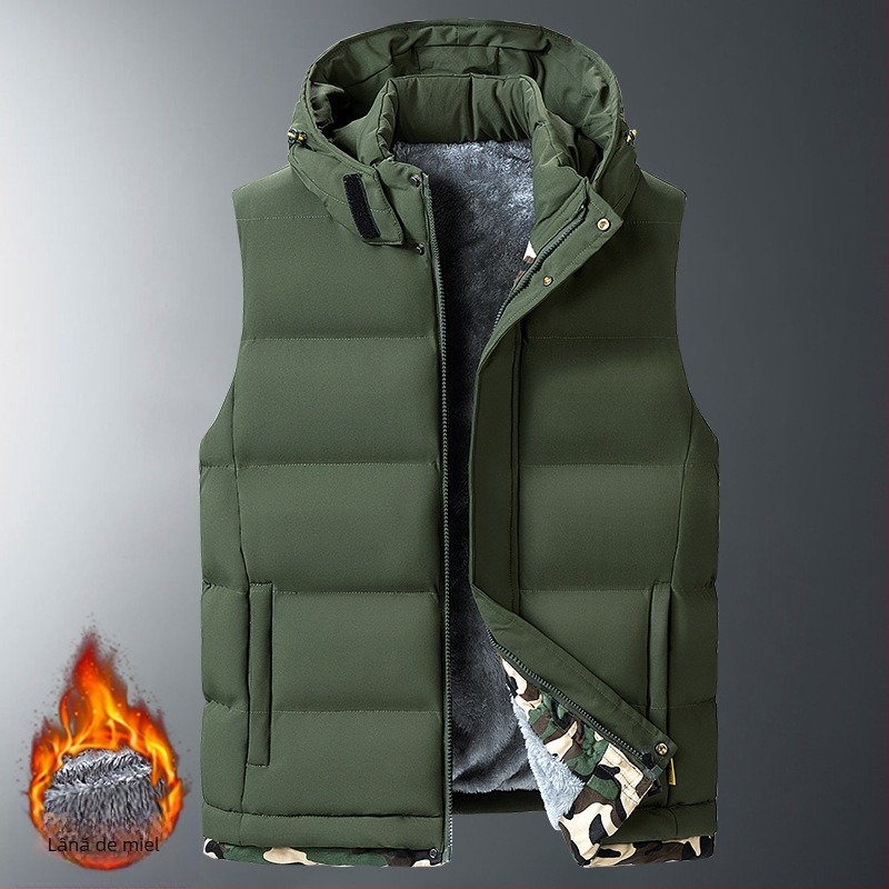 Vestă de bumbac cu glugă detașabilă pentru bărbați, toamnă și iarnă, cu puf, vestă de sport din bumbac, catifea de miel, vestă, jachetă de protecție la frig, îngroșare