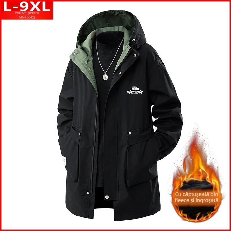 Jachetă de primăvară și toamnă la modă pentru bărbați, de calitate, frumoasă, cu glugă, potrivită, dolofană, placată cu plus mărime, vrac, de lungime medie, jachetă