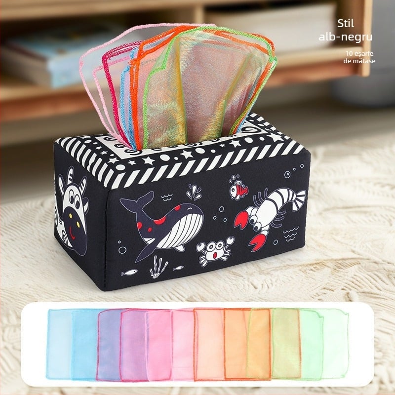 Cutie de șervețele distractiv pentru sugari, carte din pânză pentru copii, puzzle, inel de hârtie pentru educație timpurie, poate mușca, jucării calmante pentru nou-născuți de la 0 la 3 ani