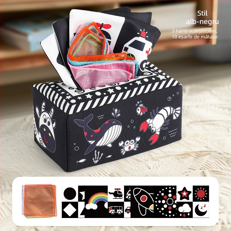 Cutie de șervețele distractiv pentru sugari, carte din pânză pentru copii, puzzle, inel de hârtie pentru educație timpurie, poate mușca, jucării calmante pentru nou-născuți de la 0 la 3 ani