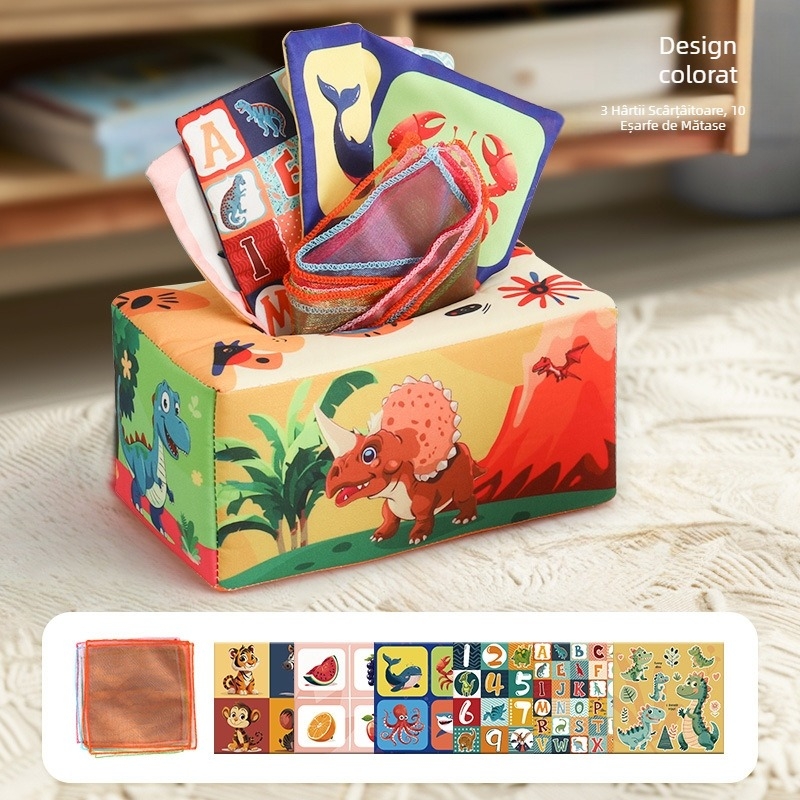 Cutie de șervețele distractiv pentru sugari, carte din pânză pentru copii, puzzle, inel de hârtie pentru educație timpurie, poate mușca, jucării calmante pentru nou-născuți de la 0 la 3 ani