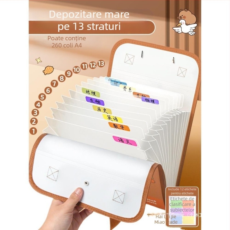 Geantă de mână A4, geantă pentru documente, geantă de organe cu 13 grile, geantă de hârtie pentru testare, multistrat, capacitate mare, depozitare manuală a hârtiei pentru elevii de școală primară
