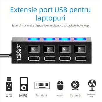 Hub USB 3.0 cu 4 porturi, hub de mare viteză, splitter USB, stație de andocare, switch independent, stație de andocare hub unu-la-șapte