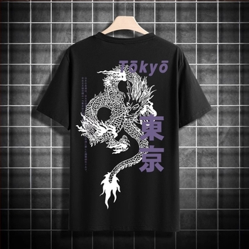 Tricou de vară cu mânecă scurtă pentru bărbați, 230g, la modă japoneză, cu guler rotund și imprimeu față și spate, de la Amazon