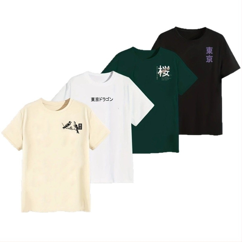 Tricou de vară cu mânecă scurtă pentru bărbați, 230g, la modă japoneză, cu guler rotund și imprimeu față și spate, de la Amazon