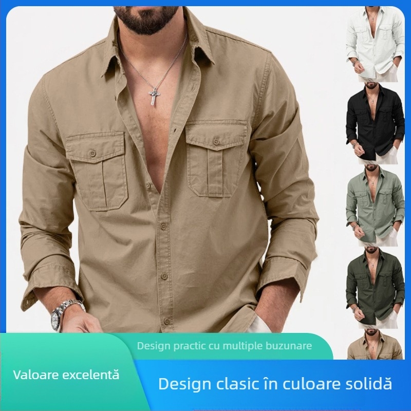 2025 Transfrontaliere Business Casual Slim Fit Cămașă Stație Independentă Bărbați Europeni și Americani Multi-Buzunare Casual Cu Mânecă Lungă Topuri pentru Bărbați