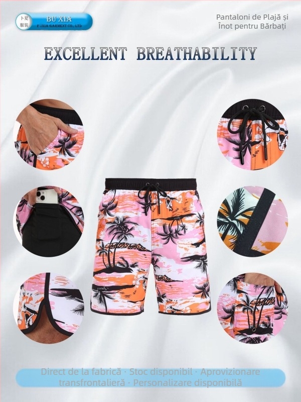 Pantaloni scurți transfrontalieri pentru bărbați, pantaloni de baie cu uscare rapidă, la modă, lejeri, cu buzunare multiple, cu design imprimat, pantaloni scurți de plajă