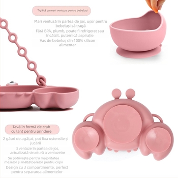 Noua farfurie din silicon pentru bebeluși, suplimentară pentru alimente pentru bebeluși, veselă, costum de hrănire pentru copii, fel de mâncare cu crab de desene animate, cu lanț anti-cădere