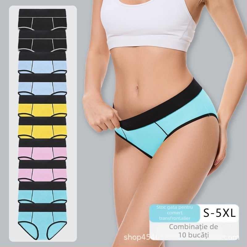 Lenjerie intimă pentru femei din bumbac Amazon, cu talie înaltă și șold, contrast, mărimi multiple, 10 piese, în stoc