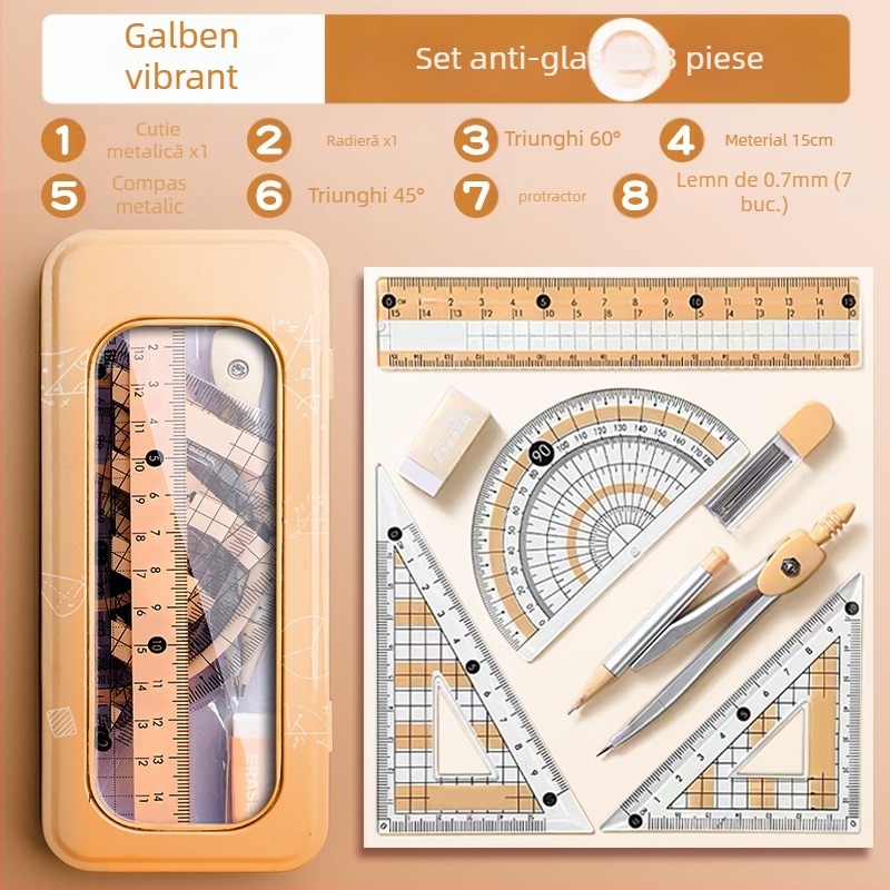 Set riglă și busolă pentru elevi de școală primară, elevi de gimnaziu, riglă triunghiulară, rechizite de papetărie pentru elevi de clasa a șasea, set riglă și triunghi