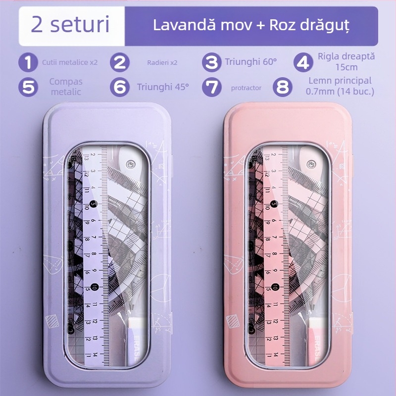 Set riglă și busolă pentru elevi de școală primară, elevi de gimnaziu, riglă triunghiulară, rechizite de papetărie pentru elevi de clasa a șasea, set riglă și triunghi